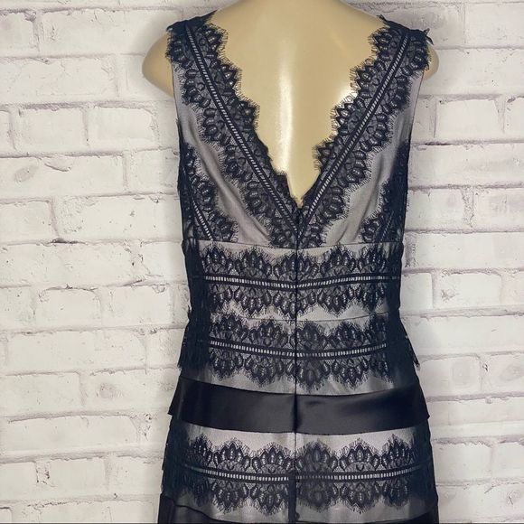 JS Collections Dress Lace Satin Sheath V Neck Black Nude Sleeveless Dress - Picture 5 of 15